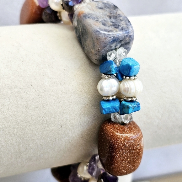 Sodalite,Copper Goldstone, Pearls, Amethyst, Turquoise Stretchy Bracelet - Picture 7 of 14